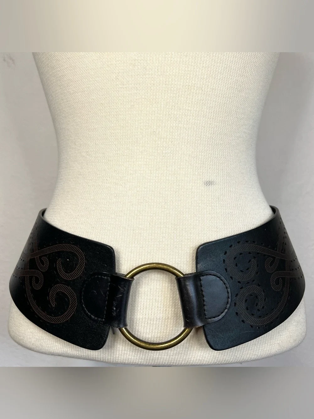 Hobo Wide Black and Brown Leather Waist Belt with Brass Ring